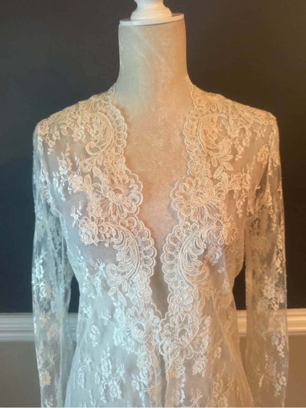 Vintage 90’s Ivory Sheer Lace Long Robe — Elegant Cover-Up - Picture 4 of 6